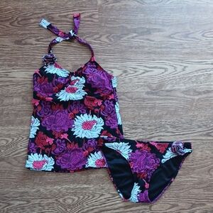 Floral Tankini Set in Purple and Black, Size Medium